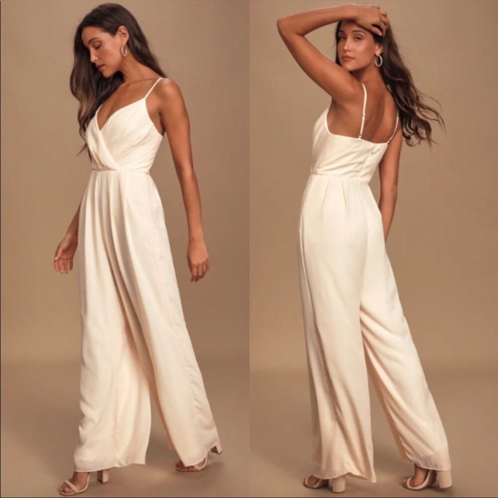NWT Lulu’s Call For Me Faux Wrap Jumpsuit Bridal Bachelorette Wide Leg Gardenia